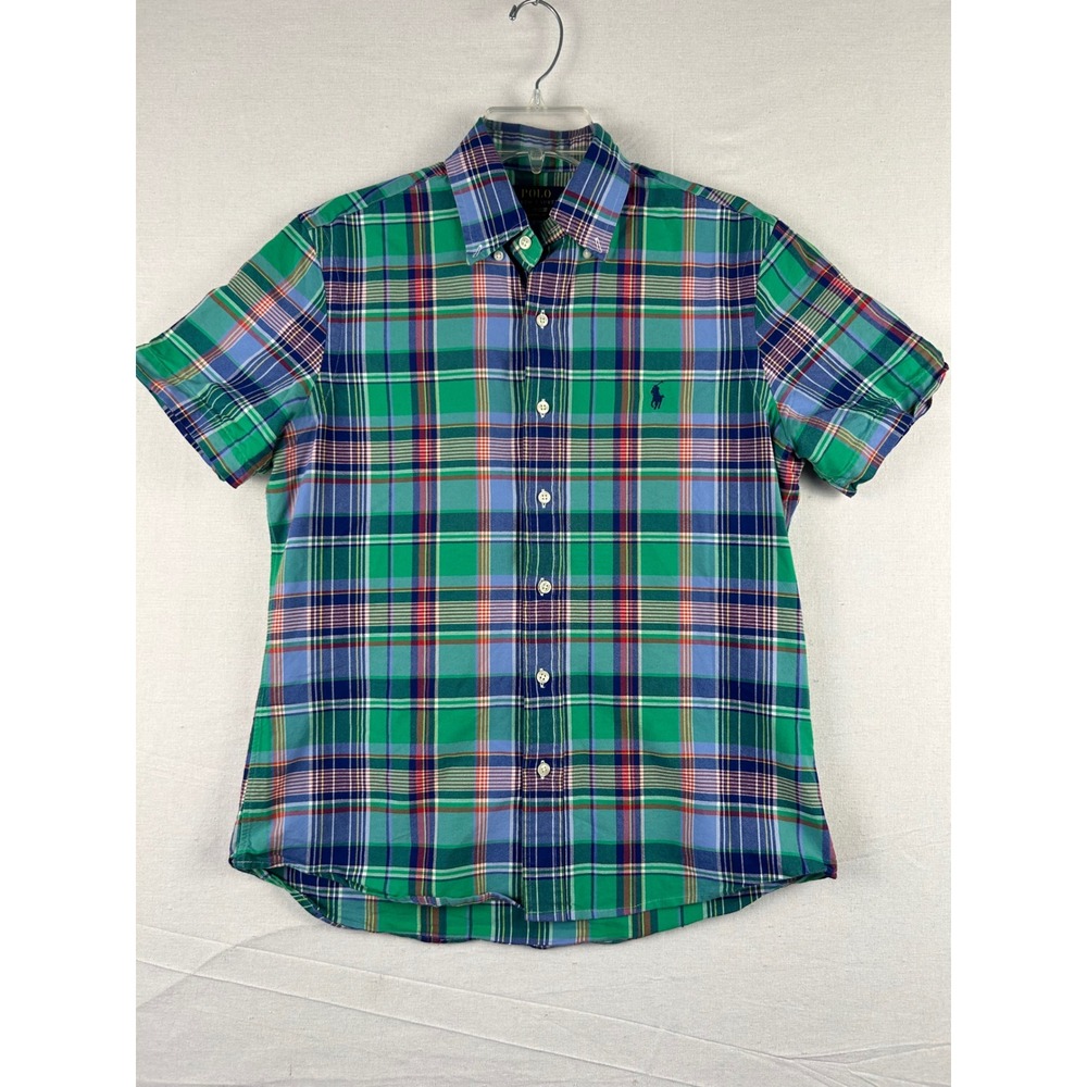 Polo Ralph Lauren Mens Small Classic Fit Green Blue Plaid Short Sleeve Shirt